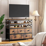 50" TV  Stand  Dresser for Bedroom with 5 Fabric Drawers and Wood Open Shelves for Living Room, Entryway, Closet