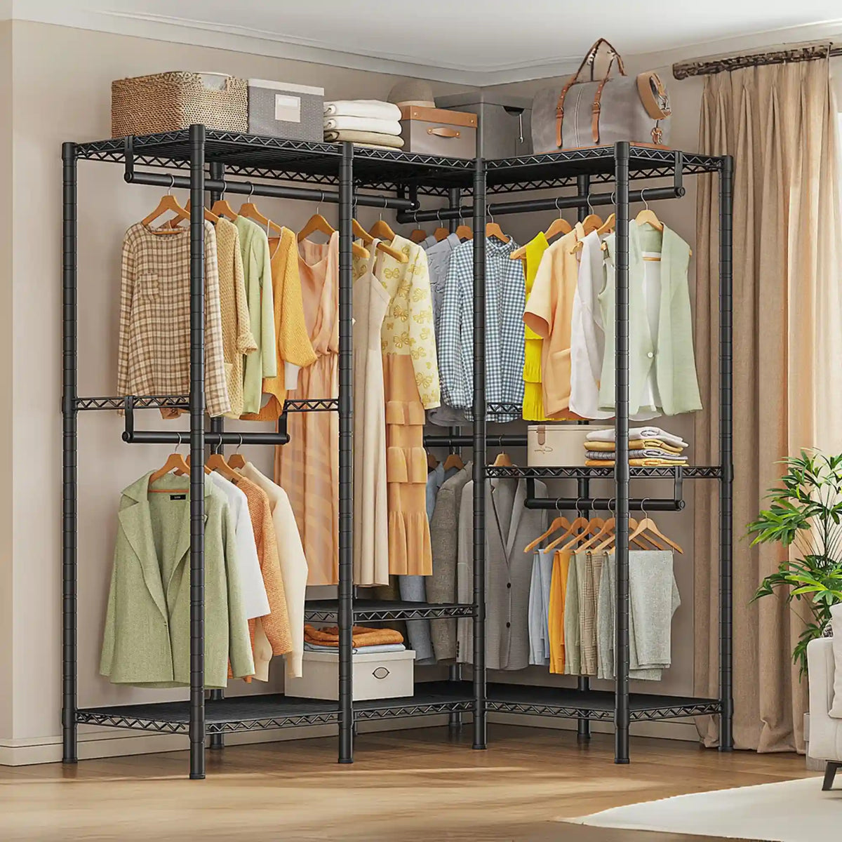 Raybee 76"W Clothing Rack with Shelves, 1100lbs Heavy Duty Clothes Rack, Metal Clothing for Hanging Clothes
