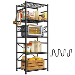 REIBII 6-Tier Waterproof Wire Storage Shelving, Reinforced Steel Organizer with Leveling Feet & Side Hooks for Pantry Basement Laundry