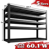 REIBII 60"W x 72"H 5-Tier Industrial Garage Shelving,3000LBS Heavy Duty Storage Shelves,Adjustable Metal Shelving for Basement Warehouse