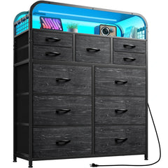 LED Dresser With Charging Station, 2 Shelves & 4 Hooks, Sturdy Frame, Wooden Top For Bedroom, Living Room