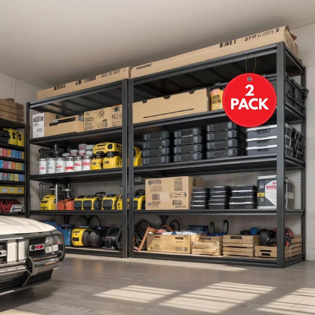 The 2-Pack all-steel metal shelving unit provides strong support for tools, storage bins, boxes, tires, and equipment.