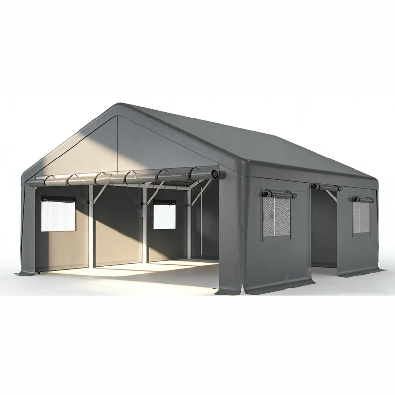 REIBII 20x20 Carport Heavy-Duty Two Car Carport Canopy Protection Portable Carport Garage with 4 Windows and 3 Roll-up Doors