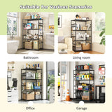Multifunctional shelving unit shown in various home settings including bathroom, living room, office, and garage.