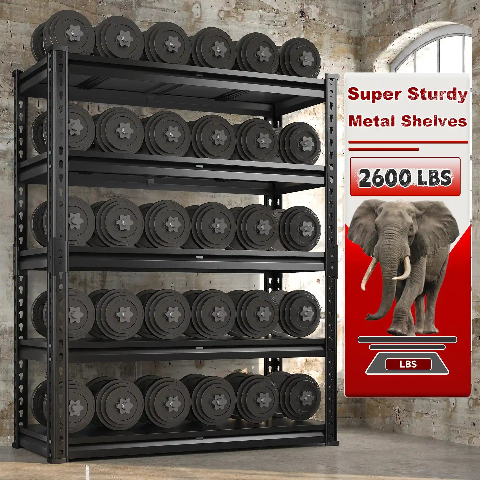 2600 lbs heavy duty garage shelving supports heavy storage items, tools, and equipment with a strong metal construction.