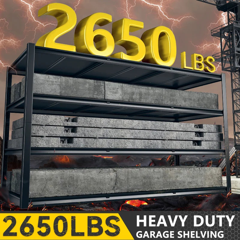 2650LBS Heavy Duty Storage Shelves Built for Maximum Strength.Heavy Duty Garage Rack Designed for High Load Capacity Storage