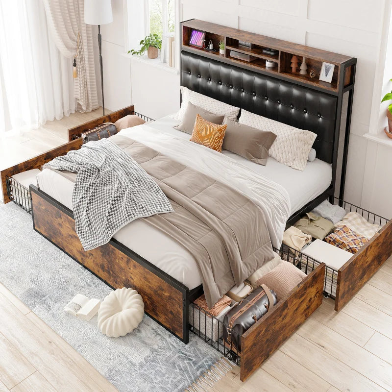 Enhomee Upholstered Headboard Queen Bed Frame With Storage And 4 Drawers, With Charging Station, No Box Spring