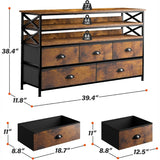 50" TV  Stand  Dresser for Bedroom with 5 Fabric Drawers and Wood Open Shelves for Living Room, Entryway, Closet