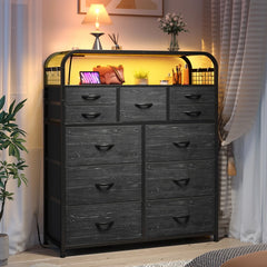 LED Dresser With Charging Station, 2 Shelves & 4 Hooks, Sturdy Frame, Wooden Top For Bedroom, Living Room