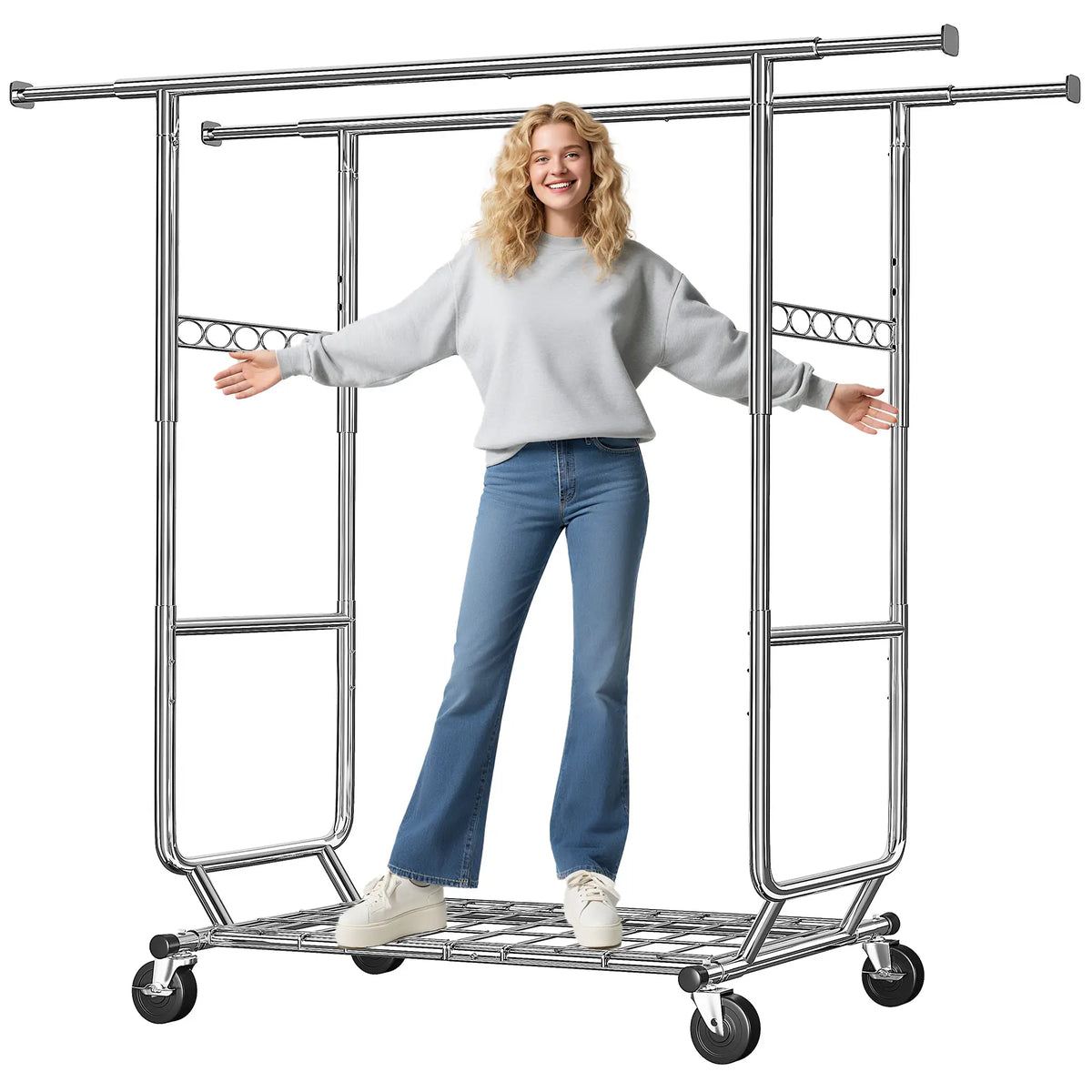 Raybee 75"W x 68"H Double Rolling Clothes Rack with Wheels,630LBS Heavy-Duty Commercial Garment Rack, For Bedroom