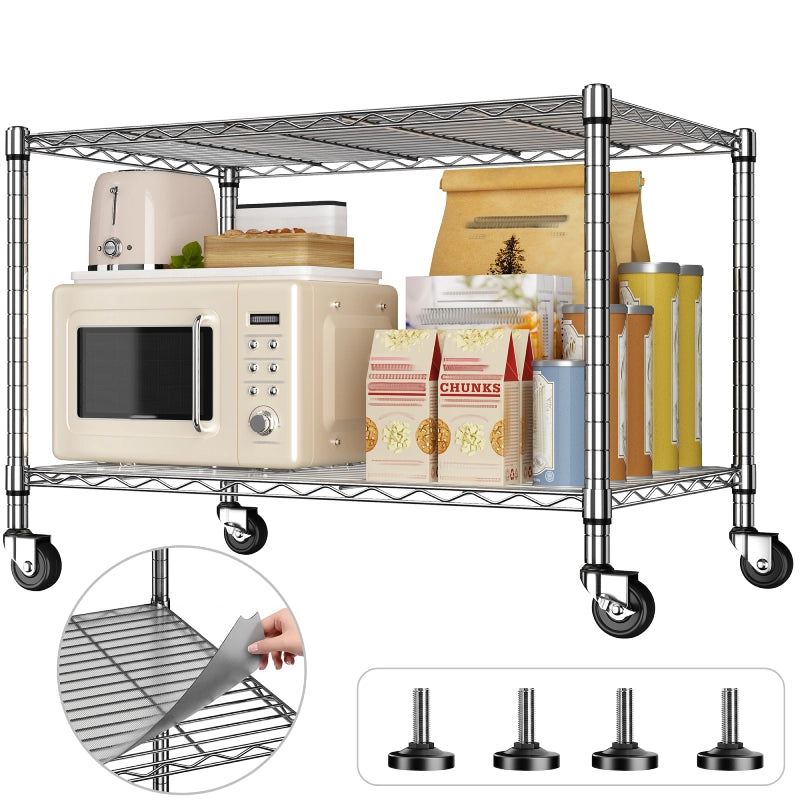 Reibii 2-Shelf Wire Rack Shelving with Wheels & Gaskets , Adjustable Metal Storage Shelves for Kutchen Pantry Laundry, Chrome