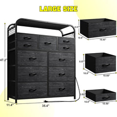 LED Dresser With Charging Station, 2 Shelves & 4 Hooks, Sturdy Frame, Wooden Top For Bedroom, Living Room
