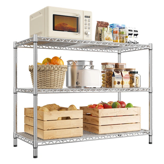 Reibii 3-Tier Metal Shelves, Adjustable Steel Wire Shelving Unit, Freestanding Storage Organizer Rack for Kitchen, Pantry, Closet, Laundry & Utility Room, Chrom 800