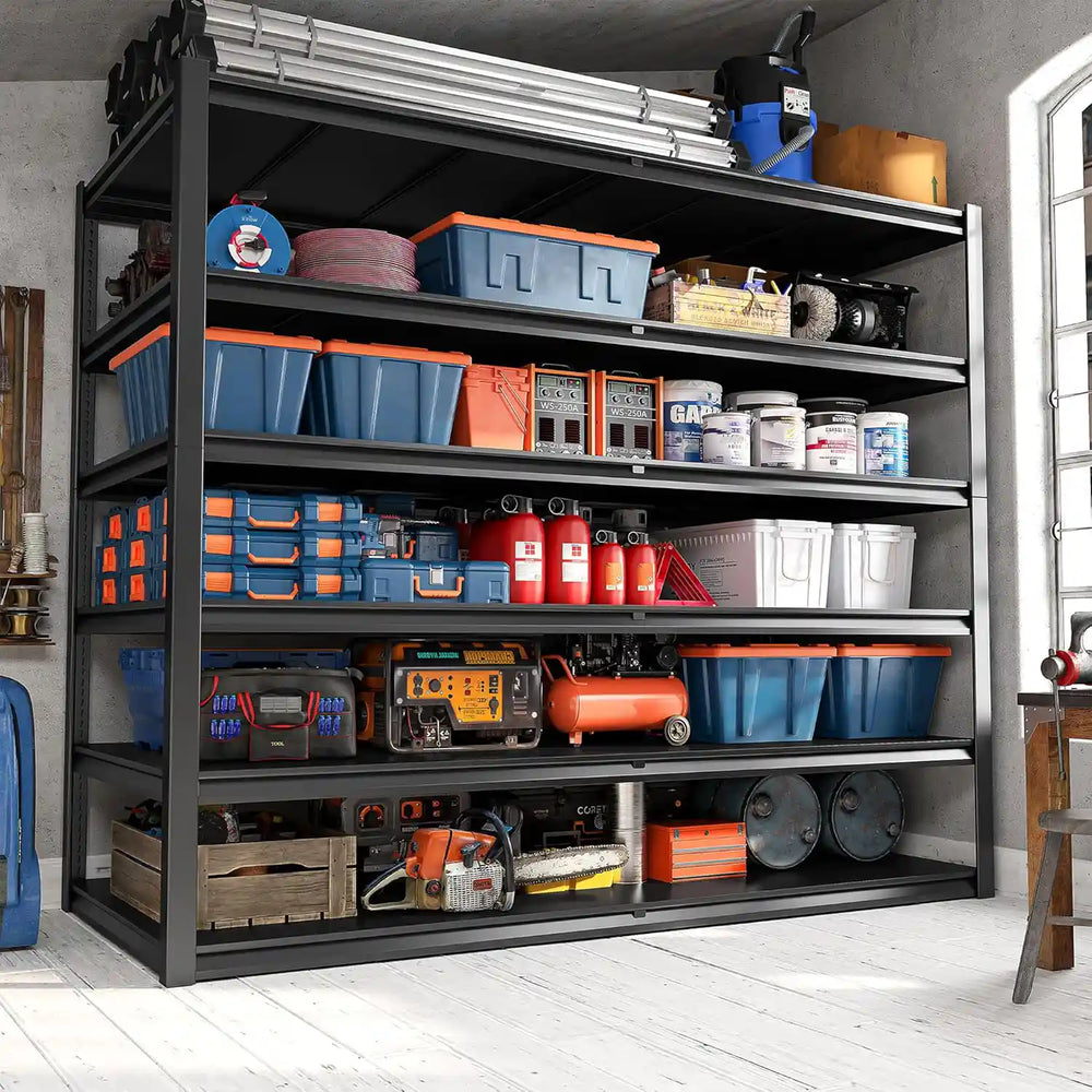 Garage organization shelves with a sturdy steel frame create a cleaner storage area for power tools, containers, sports gear, and everyday equipment.