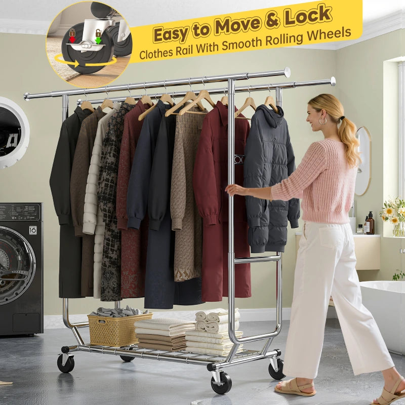 Raybee 75"W x 68"H Double Rolling Clothes Rack with Wheels,650LBS Heavy-Duty Commercial Garment Rack, For Bedroom