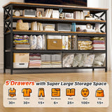 50" TV  Stand  Dresser for Bedroom with 5 Fabric Drawers and Wood Open Shelves for Living Room, Entryway, Closet