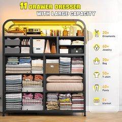 LED Dresser With Charging Station, 2 Shelves & 4 Hooks, Sturdy Frame, Wooden Top For Bedroom, Living Room