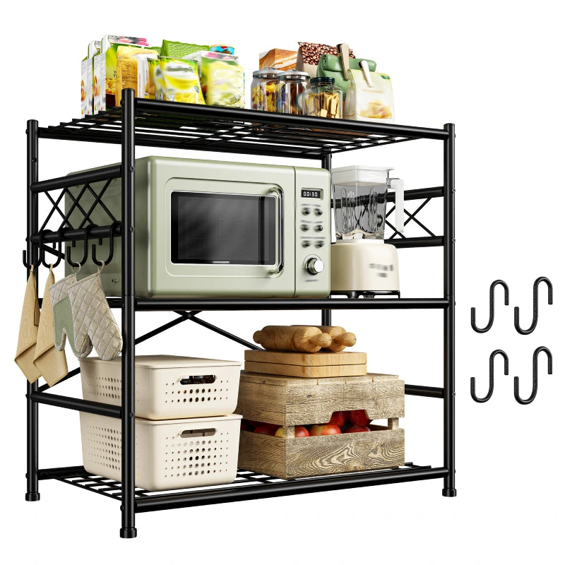 Black metal kitchen rack with microwave, appliances, and food items on a white background