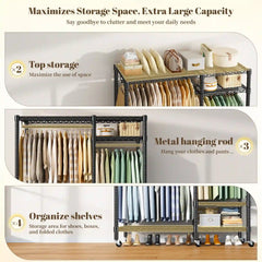 Raybee Heavy Duty Portable Clothes Rack With Wheels,Clothing Rack For Hanging,Garment Rack For Bedroom