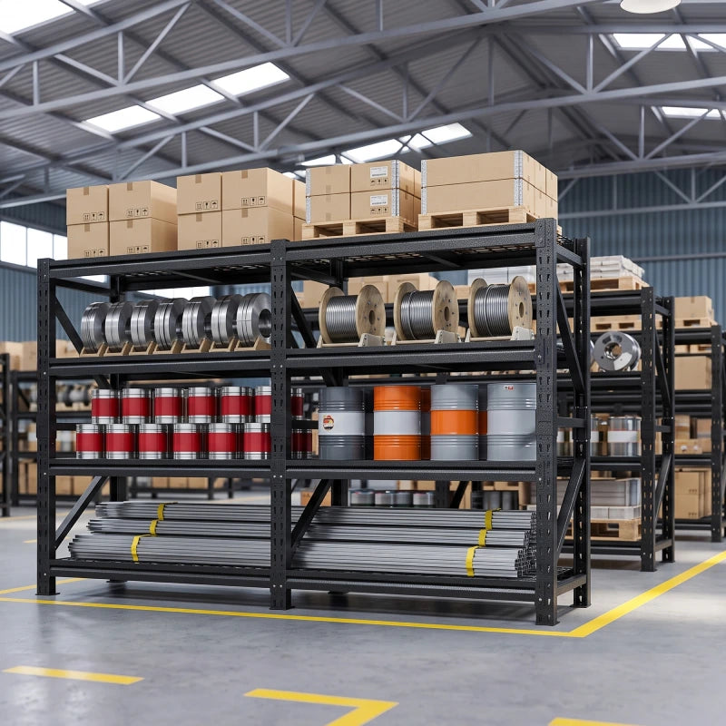 REIBII 86.6″W Heavy Duty 4-Tier Industrial Metal Storage Shelving, 6400 lbs Load, Dense Grid Deck, Adjustable Shelves for Garage Warehouse Workshop