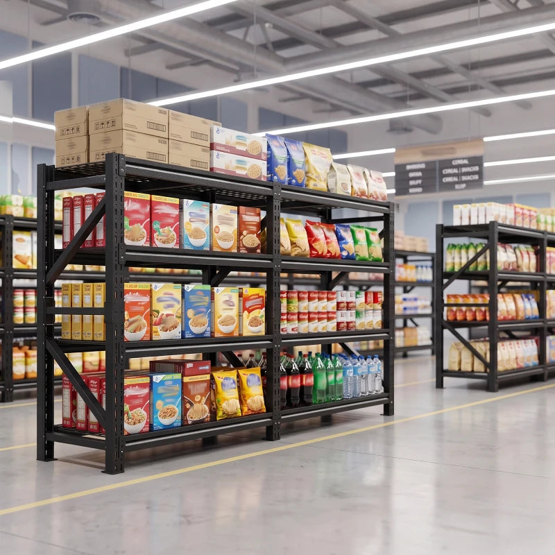 REIBII 86.6″W Heavy Duty 4-Tier Industrial Metal Storage Shelving, 6400 lbs Load, Dense Grid Deck, Adjustable Shelves for Garage Warehouse Workshop