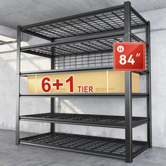 REIBII 48"W Heavy Duty Garage Shelving 6+1-Tier Adjustable Metal Shelves with Grid Plates for Basement Warehouse Garage