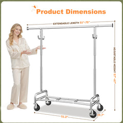 Raybee Heavy-Duty Rolling Clothes Rack, 75" Extra Wide 67"H Garment Rack with Shelf & 4 Side Hooks | 450LBS Capacity, Extendable Hanging Bar, 360° Lockable Casters, Side Hooks