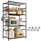 Multilevel metal kitchen storage rack with various items on a white background