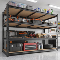 Wide garage shelves designed for large storage bins and heavy equipment