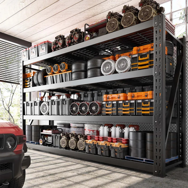 REIBII 77.2″ W Industrial Heavy-Duty Garage Shelving, 4-Tier Adjustable Steel Storage Shelves for Garage, Warehouse, Basement
