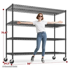 Reibii 56" W × 75.6" H Wire Rack Shelving Units on Wheels, 2550 lbs Adjustable Wire Storage Shelves for Pantry Closet Commercial