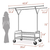 Raybee 62.9"W 300 LBS Rolling Wardrobe Rack, Double Rods Clothing Racks for Hanging Portable& Adjustable, Commercial,Bedroom
