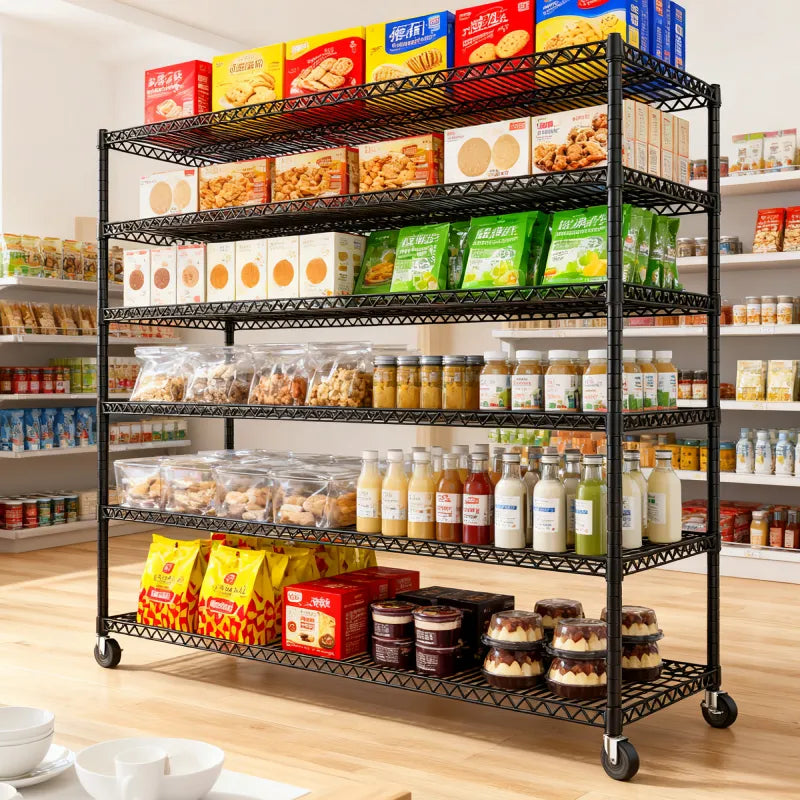 Reibii 60" W x 73" H Wire Storage Shelves on Wheels, 5-Shelf Adjustable, 3200lbs Heavy Duty Metal Shelving for Garage Kitchen Pantry