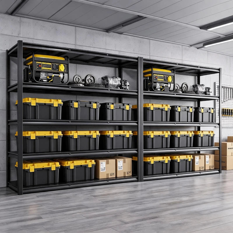 2 pack heavy duty steel garage shelf, adjustable 5 tier rack for power tools, tool bins, generator and workshop hardware storage