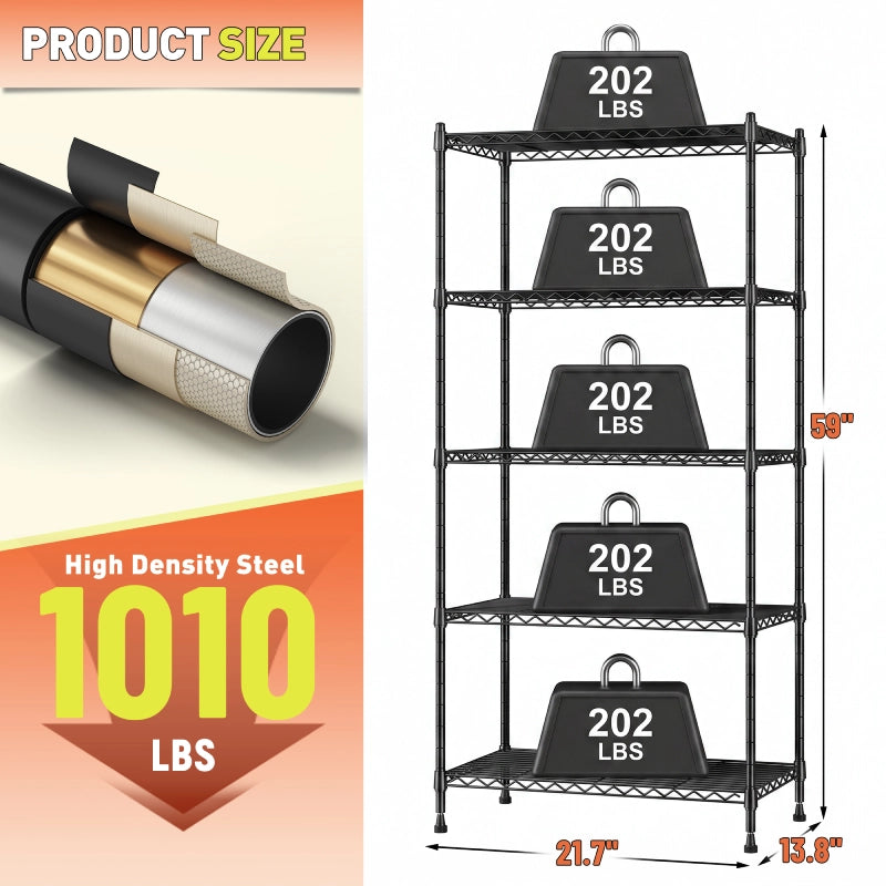 Reibii 5-Tier Adjustable Metal Wire Shelving Unit, 21.5 Inch Wide Heavy Duty 1010 LBS Storage Rack Organizer for Pantry, Kitchen, Dorm & Garage