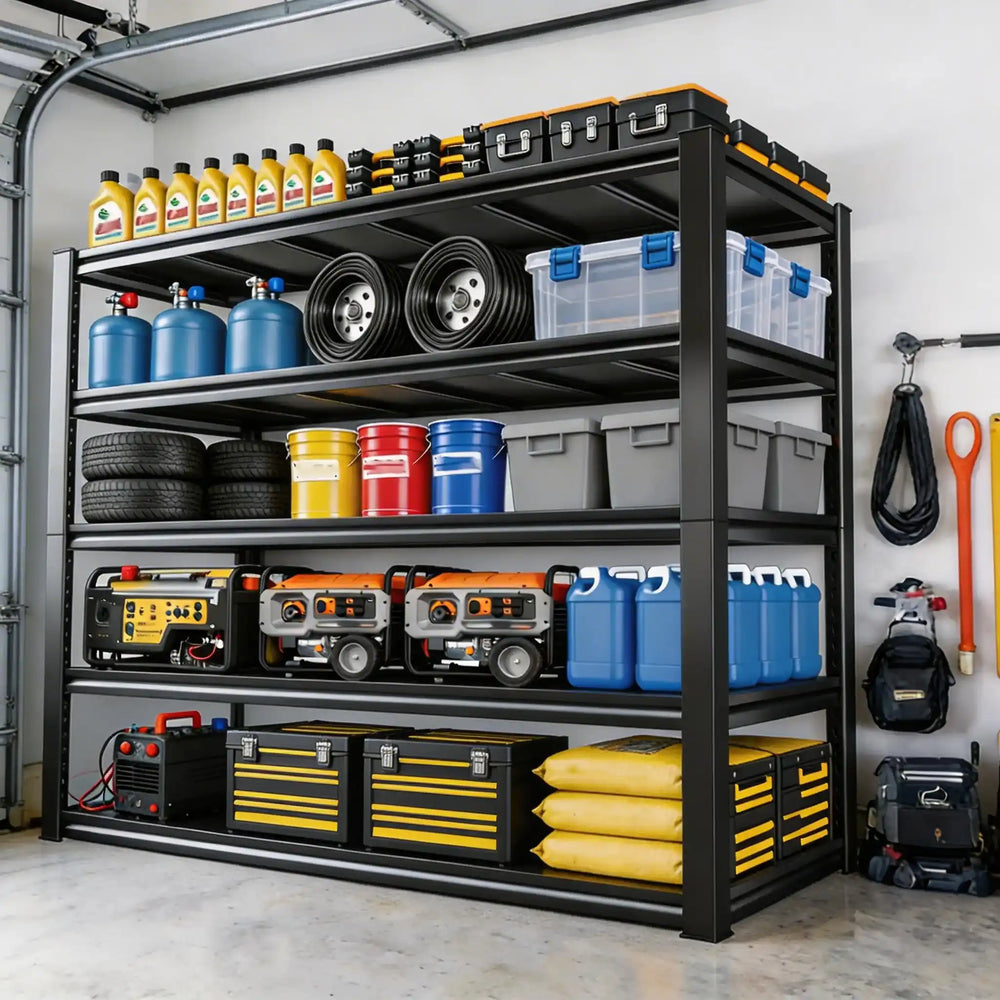 5-Tier Industrial Shelving helps homeowners organize and store automotive repair supplies and materials in the garage.