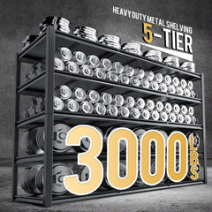 This 5-tier heavy-duty shelving unit has a total load capacity of 3,000 lbs, capable of handling over 95% of storage scenarios.