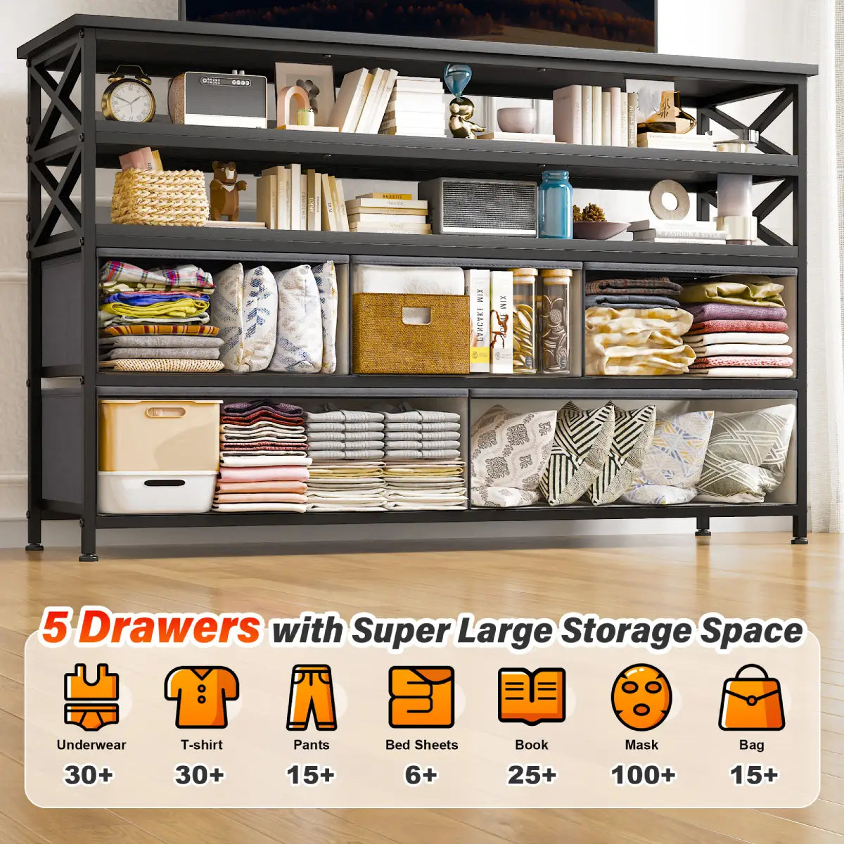 50" TV  Stand  Dresser for Bedroom with 5 Fabric Drawers and Wood Open Shelves for Living Room, Entryway, Closet