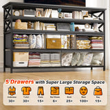 50" TV  Stand  Dresser for Bedroom with 5 Fabric Drawers and Wood Open Shelves for Living Room, Entryway, Closet