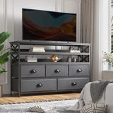 50" TV  Stand  Dresser for Bedroom with 5 Fabric Drawers and Wood Open Shelves for Living Room, Entryway, Closet