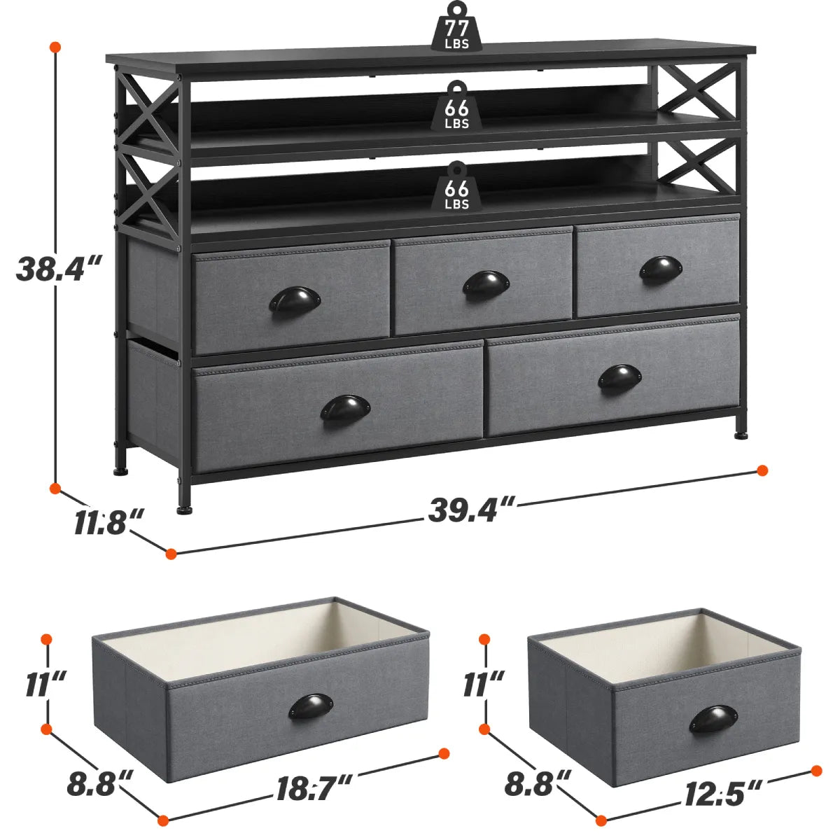 50" TV  Stand  Dresser for Bedroom with 5 Fabric Drawers and Wood Open Shelves for Living Room, Entryway, Closet