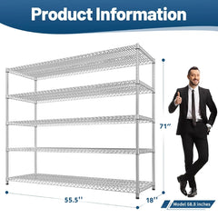 Reibii 55.5"W Metal Wire Shelving, 3200 lbs Heavy Duty Storage Racks,For Kitchen Basement,Chrome