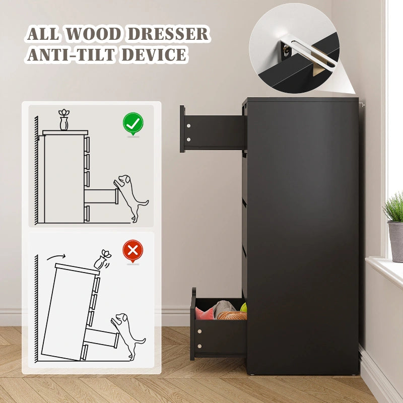 black tall dresser for bedroom 6 Drawers, Modern Wooden Black Tall Dressers for Bedroom and Closet – Reibii