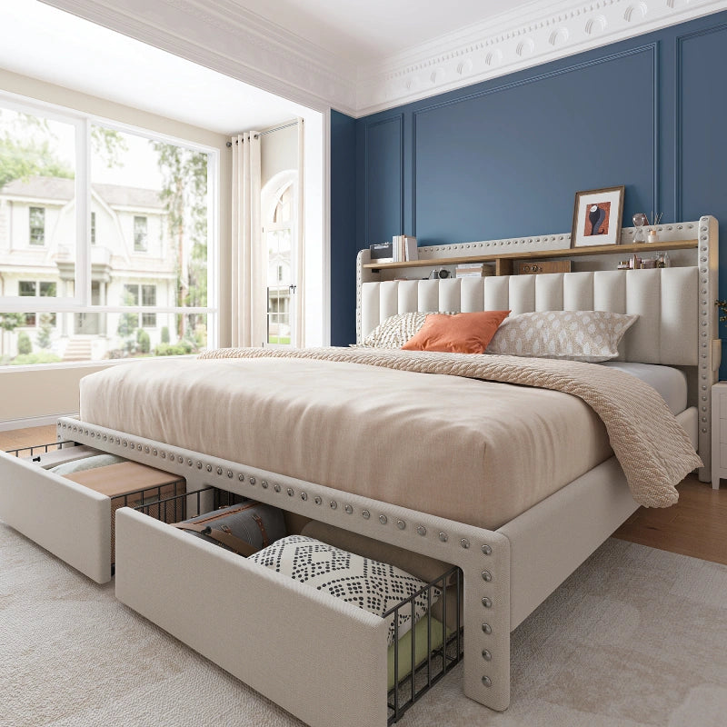Reibii Heavy Duty Upholstered Bed Frame with 2 Storage Drawers & 2-Tier Storage Headboard, Noise-Free Platform Bed, No Box Spring Needed