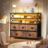 50" TV  Stand  Dresser for Bedroom with 5 Fabric Drawers and Wood Open Shelves for Living Room, Entryway, Closet