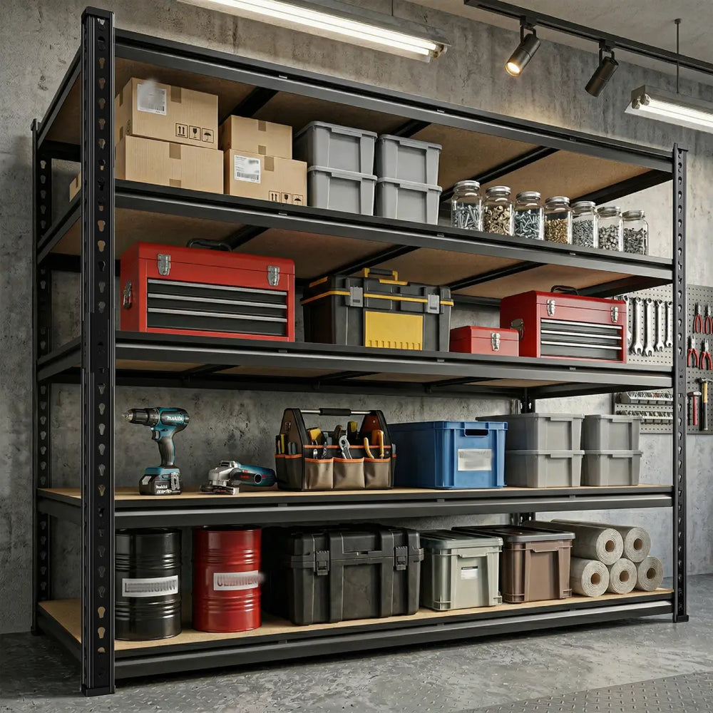 Heavy duty garage shelves holding large storage bins, tools and bulky supplies