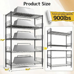 Reibii 5-Tier Adjustable Wire Shelving Unit, 900LBS Heavy Duty Storage Rack with 5 Hooks & 8 Side Blockers,Rust Resistant Anti-Tipping Organizer for Kitchen Garage Pantry