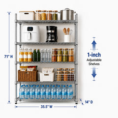 REIBII 35.5"W Chrome Wire Shelving, 5-Tier 1200LBS Adjustable Metal Shelves for Closet Kitchen Pantry
