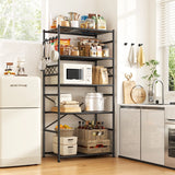 Black metal shelving unit in a kitchen with various items on shelves.