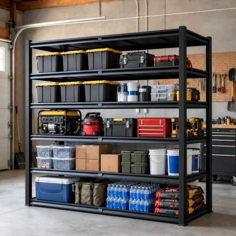 All-steel construction and reinforced shelves make this 3600 lbs garage storage rack 